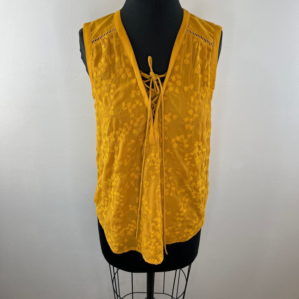 Anthropologie MAEVE Mustard Yellow Floral Embroidered Lace-Up Sleeveless Top 4 - Picture 3 of 12